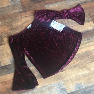Burgundy crushed velvet off the shoulder top